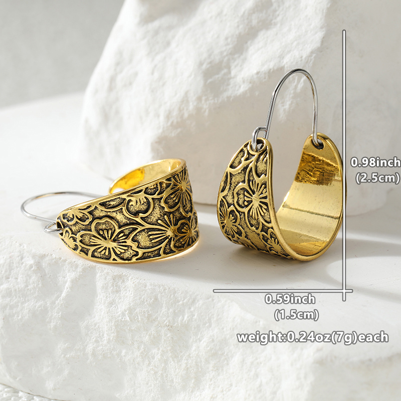 Vintage Embossed Flower Pattern Textured Metal Hook Dangle Earrings